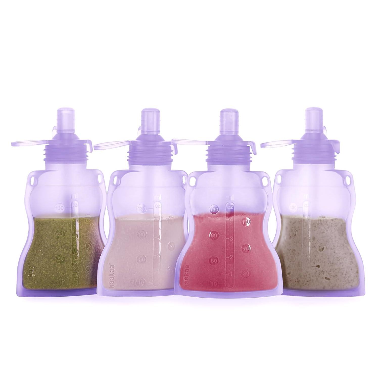 image:imagehaakaa Reusable Baby Food Pouches Refillable Baby Squeeze Silicone Yummy Pouch Soft Reusable Squeeze Storage Food Pouch for Kids ToddlerHome Made Food PureeSmoothie Pouch Bag 4oz 4 Pack6mLavender