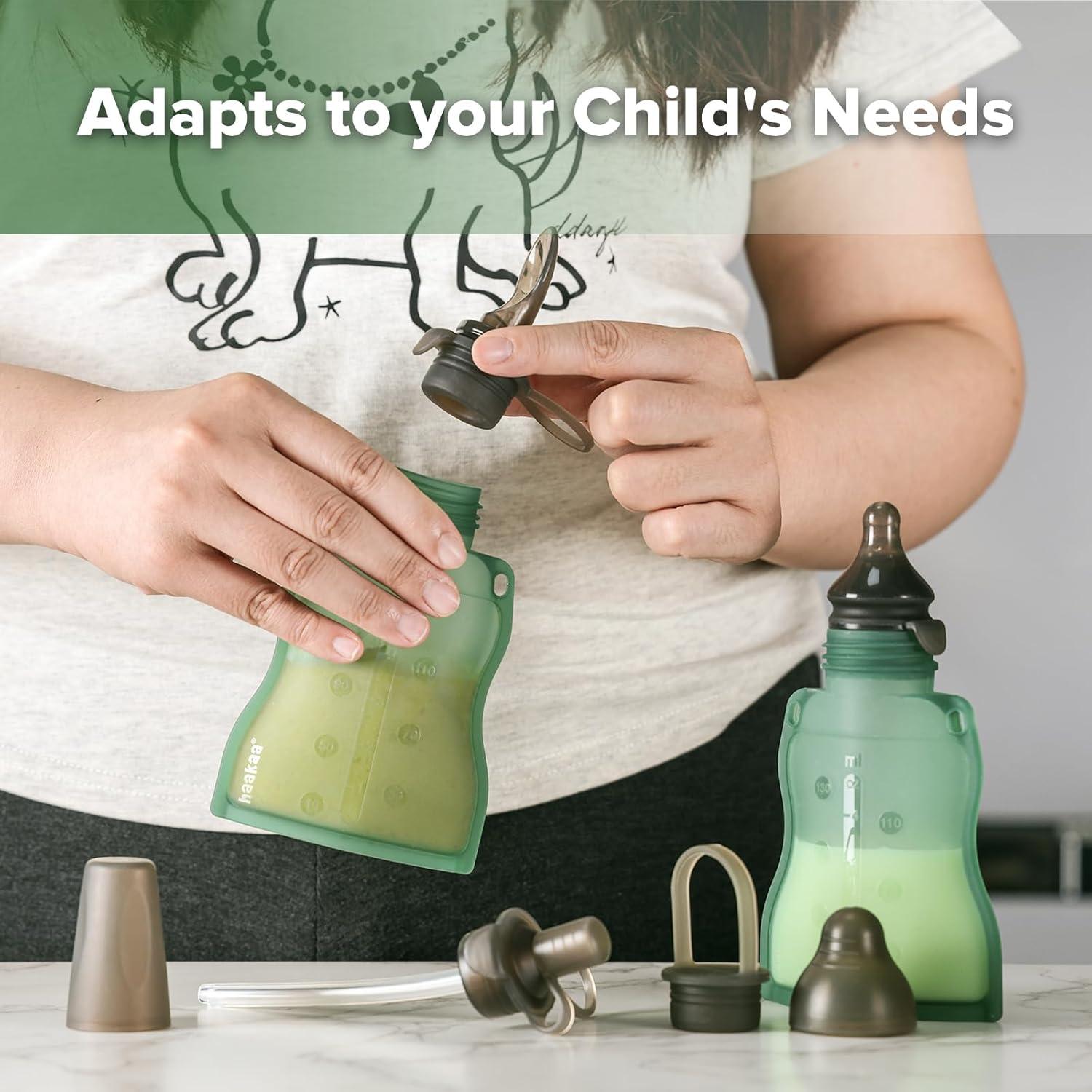 image:imagehaakaa Reusable Baby Food Pouches Refillable Baby Squeeze Silicone Yummy Pouch Soft Reusable Squeeze Storage Food Pouch for Kids ToddlerHome Made Food PureeSmoothie Pouch Bag 4oz 4 Pack6mGreen