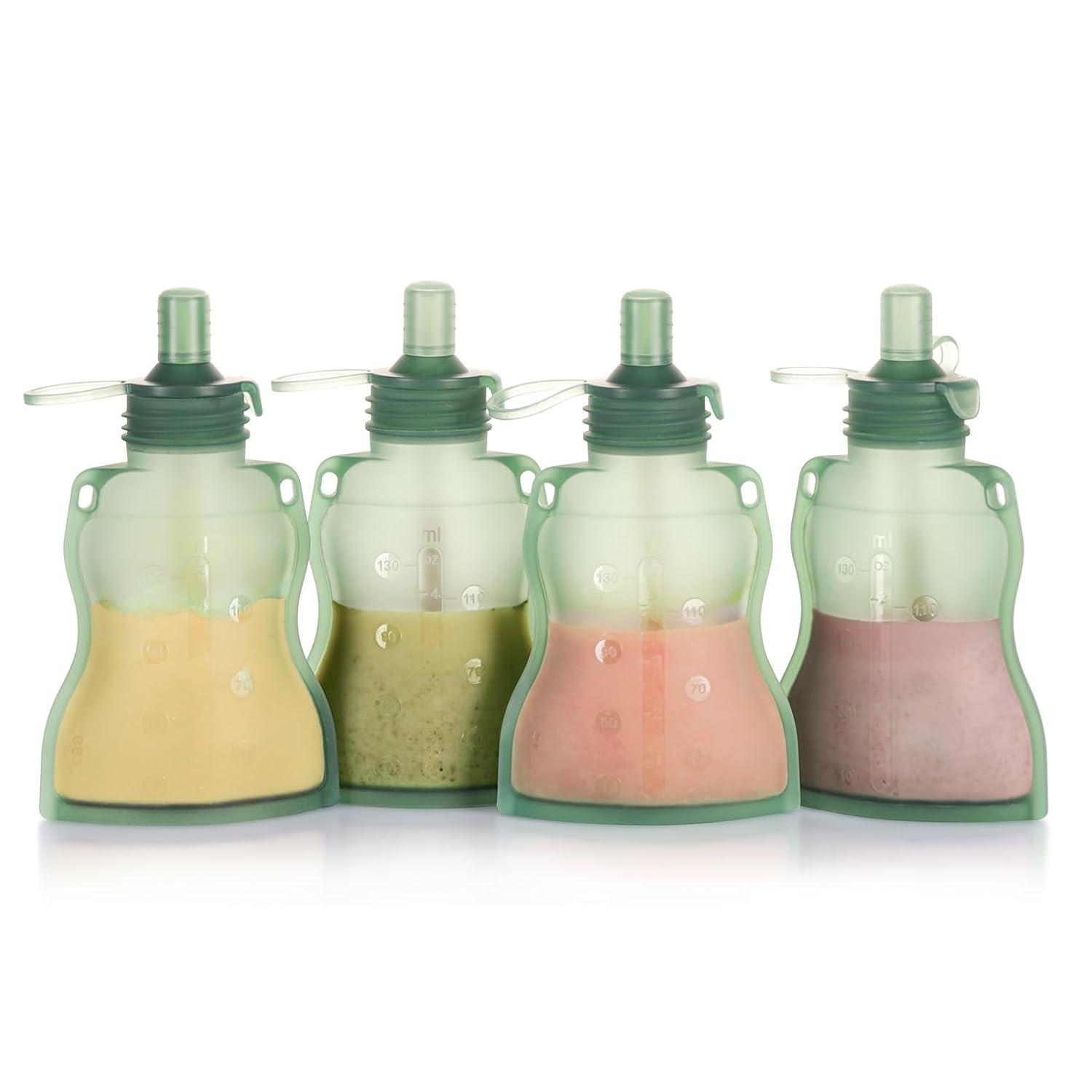 image:imagehaakaa Reusable Baby Food Pouches Refillable Baby Squeeze Silicone Yummy Pouch Soft Reusable Squeeze Storage Food Pouch for Kids ToddlerHome Made Food PureeSmoothie Pouch Bag 4oz 4 Pack6mGreen