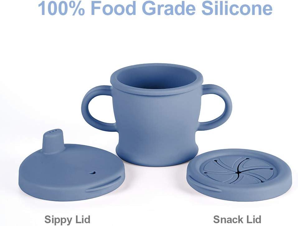 image:imagehaakaa Silicone SipNSnack Cup Dropproof Toddlers Sippy Cup amp Snack Container 2in1 BPA Free Food Grade Silicone Cup for Baby 6 Months 9 Ounce GreyBluestone