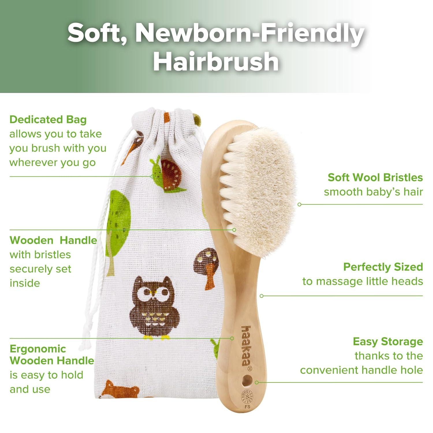 image:imagehaakaa Wooden Baby Hair Brush for Newborns and Toddlers Baby Brush Natural Soft Wool Bristles Hairbrush Ideal for Cradle Cap Perfect Baby Registry Gift with Carry Pouch 1PC