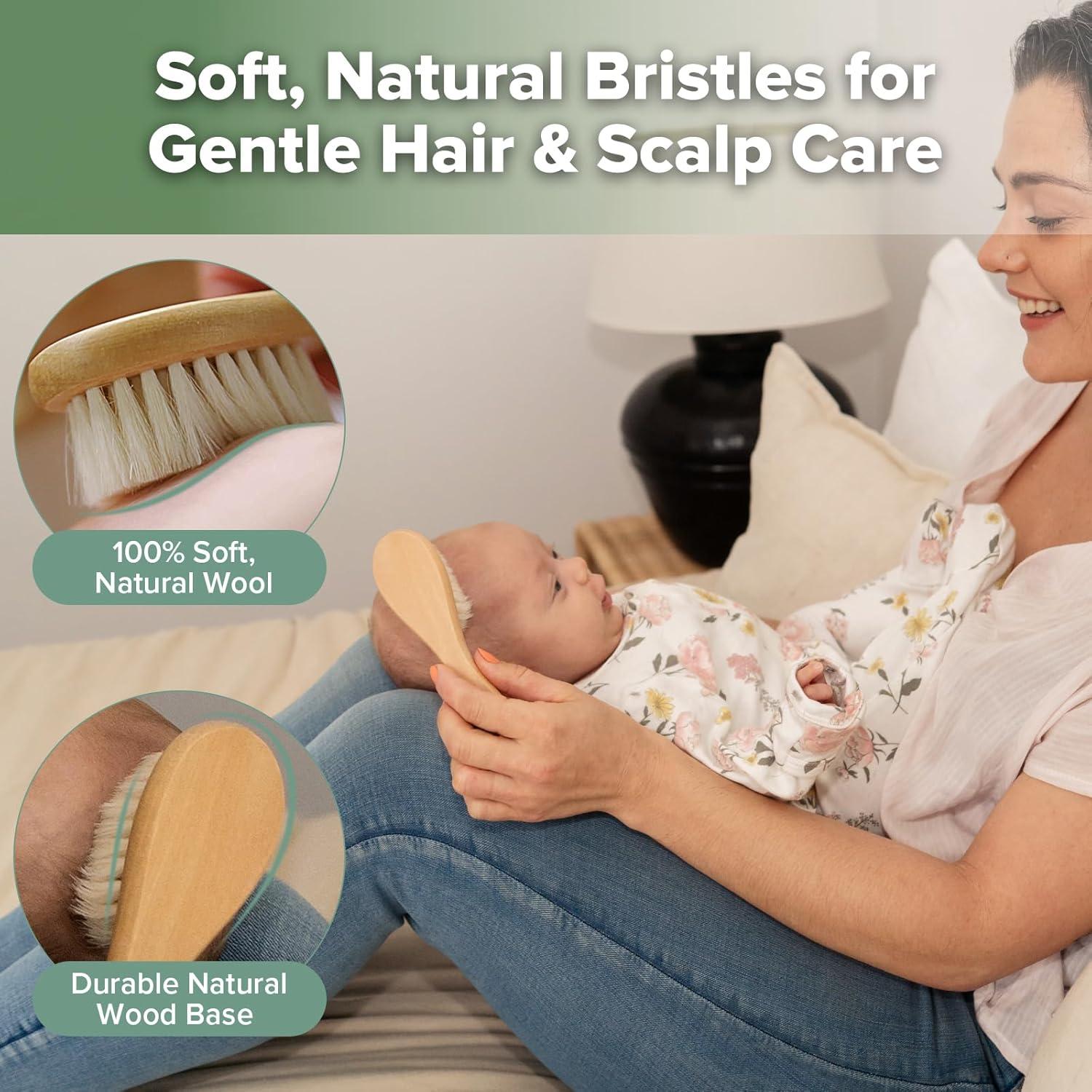 image:imagehaakaa Wooden Baby Hair Brush for Newborns and Toddlers Baby Brush Natural Soft Wool Bristles Hairbrush Ideal for Cradle Cap Perfect Baby Registry Gift with Carry Pouch 1PC