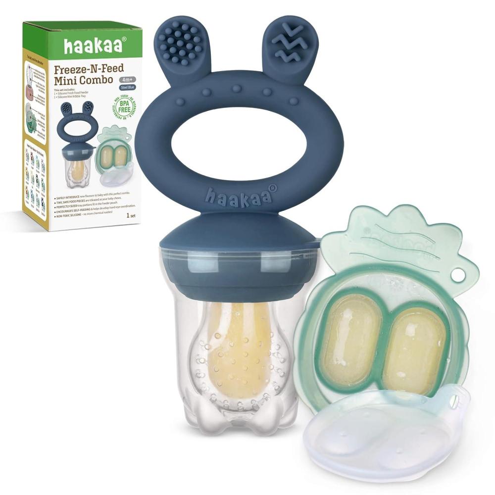 image:imageHaakaa Baby Fruit Food Feeder amp Mini Freezer Nibble Tray Combo Breastmilk Popsicle Molds for Baby Cooling Relief BPA Free Silicone Feeder for Safe Infant Self Feeding 4 Month BlushSteel Blue