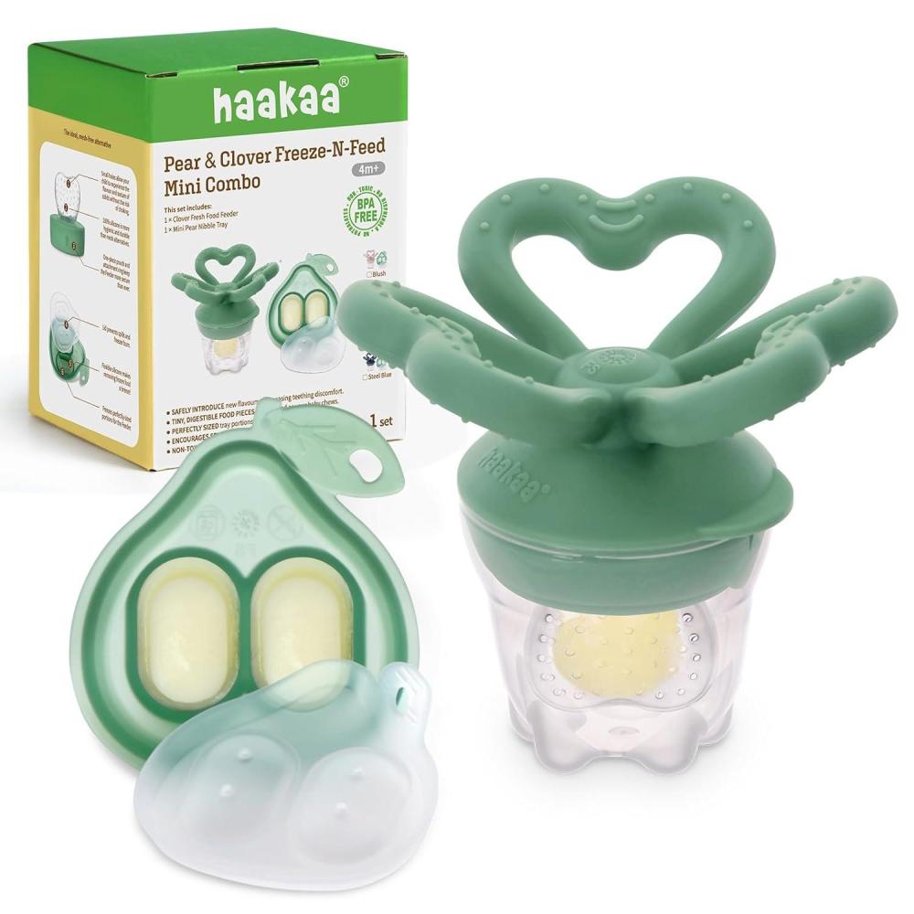 image:imageHaakaa Clover Baby Fruit Feeder Teether amp Mini Freezer Nibble Tray  BPAFree Silicone Breastmilk Popsicle Mold for Baby Teething Relief amp SelfFeeding 4M Pea GreenPea Green