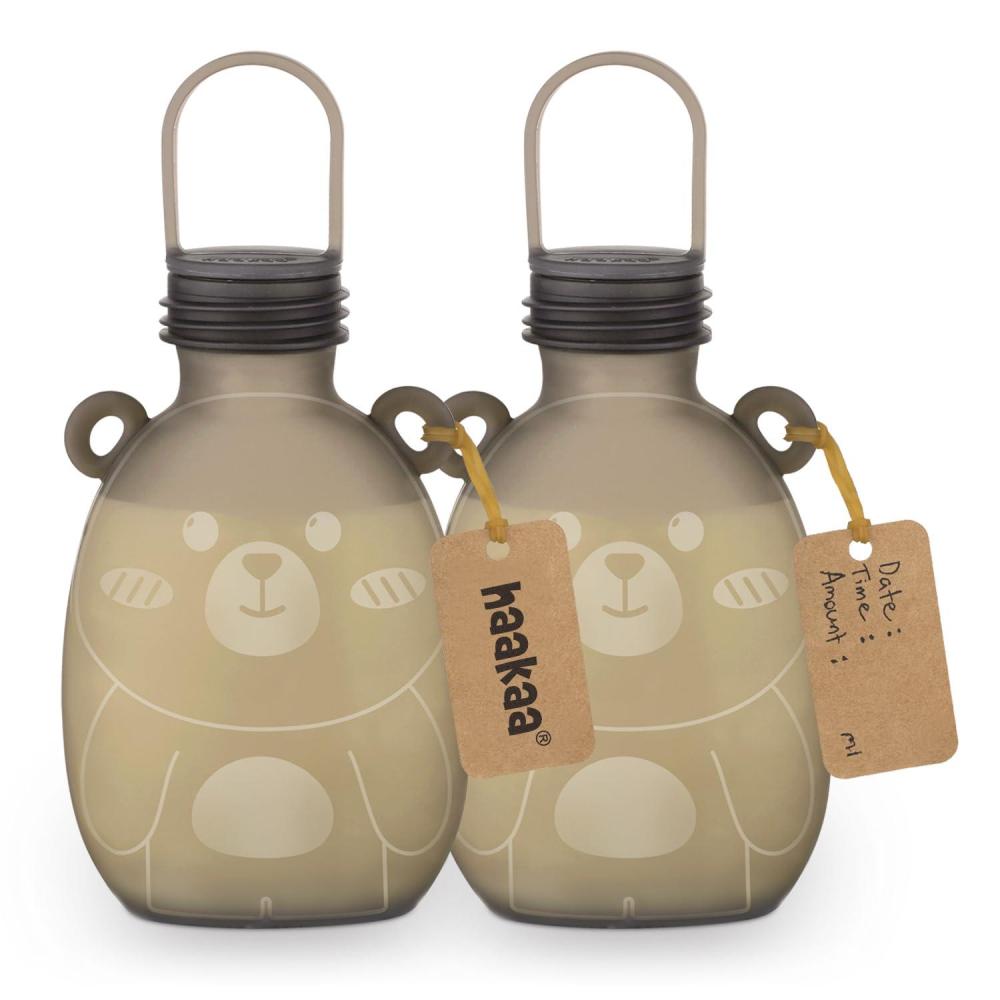image:imageHaakaa Happii Bear Silicone Breast Milk Storage Bag 9oz Refillable Baby Food Squeeze Pouch Breastmilk Storage Container Reusable Freezer Bag No Leak BPA Free 2PK
