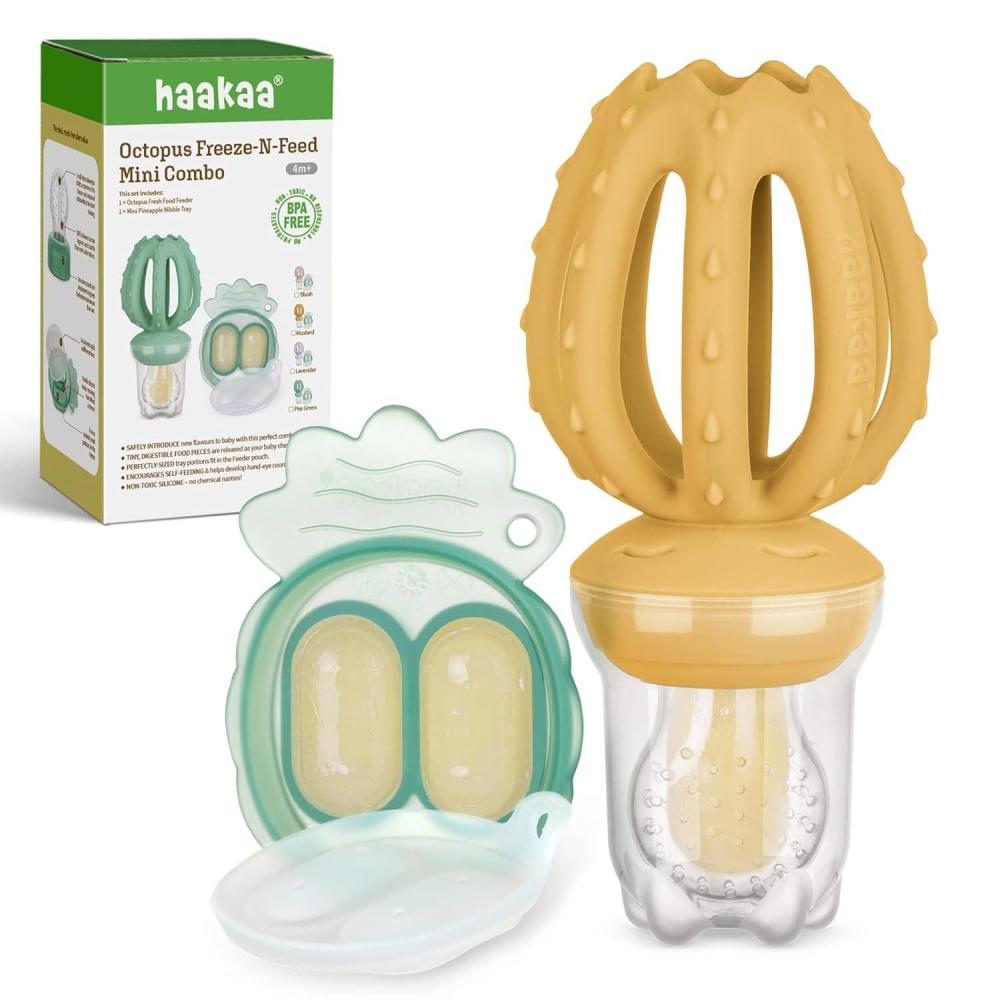 image:imageHaakaa Octopus Baby Fruit Food Feeder amp Mini Freezer Nibble Tray Combo Breastmilk Popsicle Molds for Cooling Relief BPA Free Silicone Feeder for Safe Infant Self Feeding 4 MonthPea GreenMustard