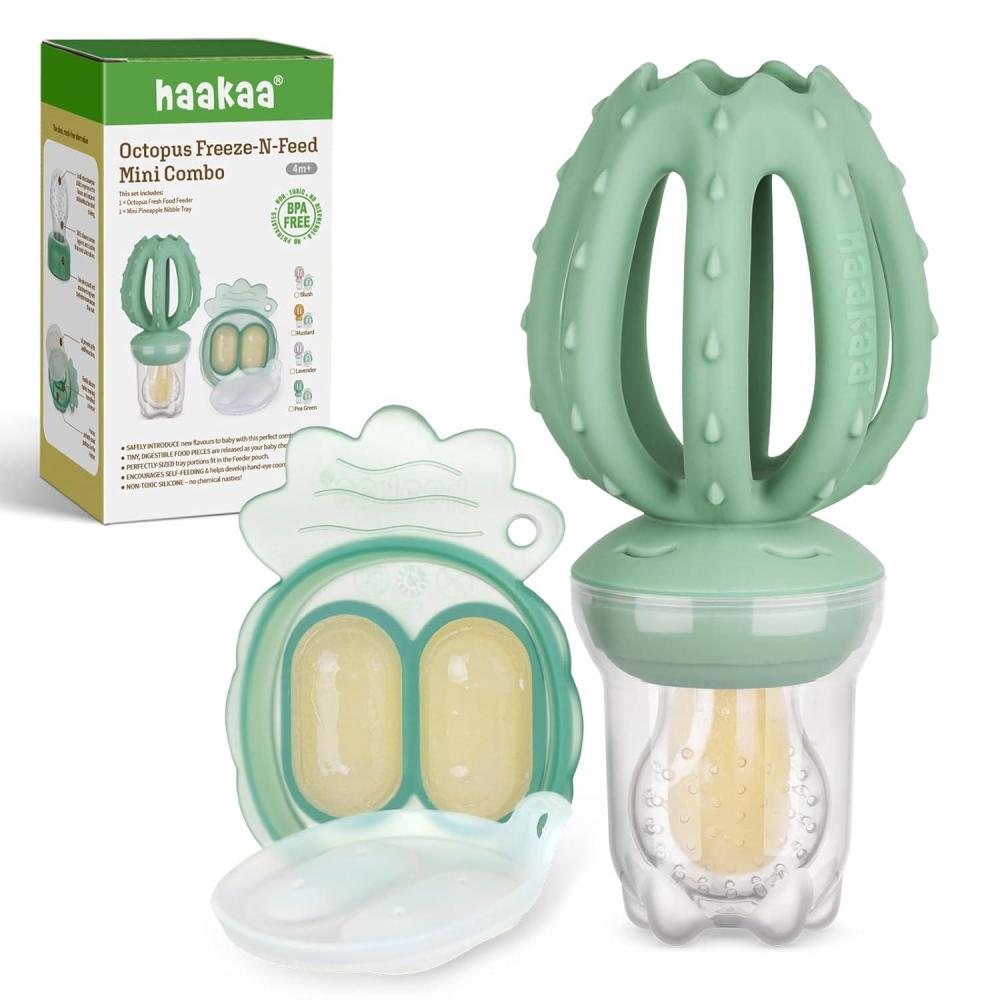 image:imageHaakaa Octopus Baby Fruit Food Feeder amp Mini Freezer Nibble Tray Combo Breastmilk Popsicle Molds for Cooling Relief BPA Free Silicone Feeder for Safe Infant Self Feeding 4 MonthPea GreenPea Green