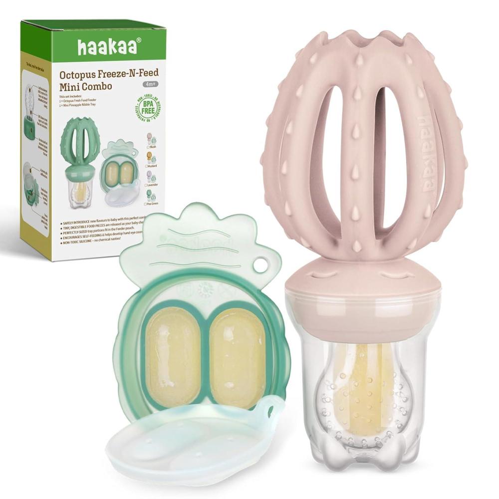 image:imageHaakaa Octopus Baby Fruit Food Feeder amp Mini Freezer Nibble Tray Combo Breastmilk Popsicle Molds for Cooling Relief BPA Free Silicone Feeder for Safe Infant Self Feeding 4 MonthPea GreenBlush
