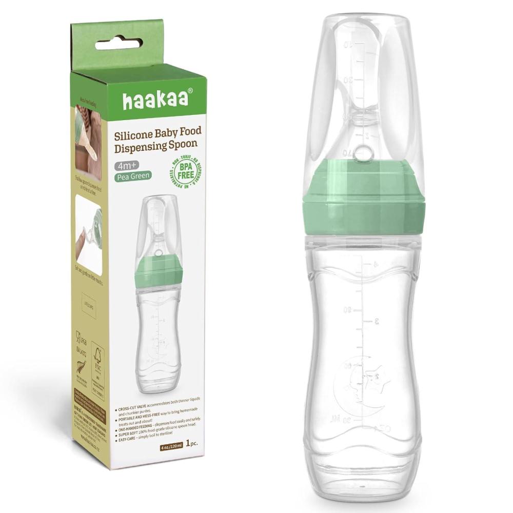 image:imageHaakaa Silicone Baby Food Dispensing Spoon Feeder 4oz Infant Squeeze Cereal Feeder Baby Fresh Food Feeder Feed Bottle for Puree Solid Baby Food BPA Free 4m Babies GreyPea Green