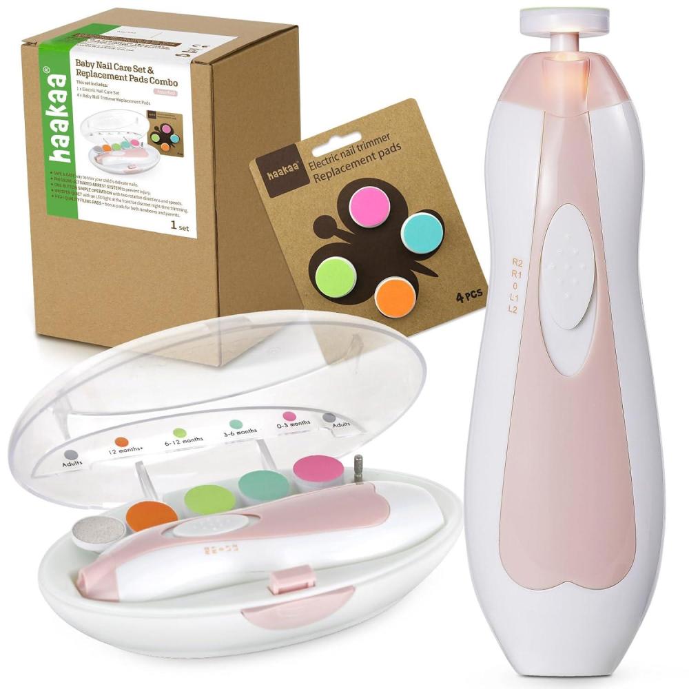 image:imagehaakaa Baby Nail Trimmer Electric Baby Nail Clippers Kit for Newborn Toddler or Adults Fingernails and Toenails Care Baby Nail Care Set amp Extra 4 Replacement Pads ComboPink