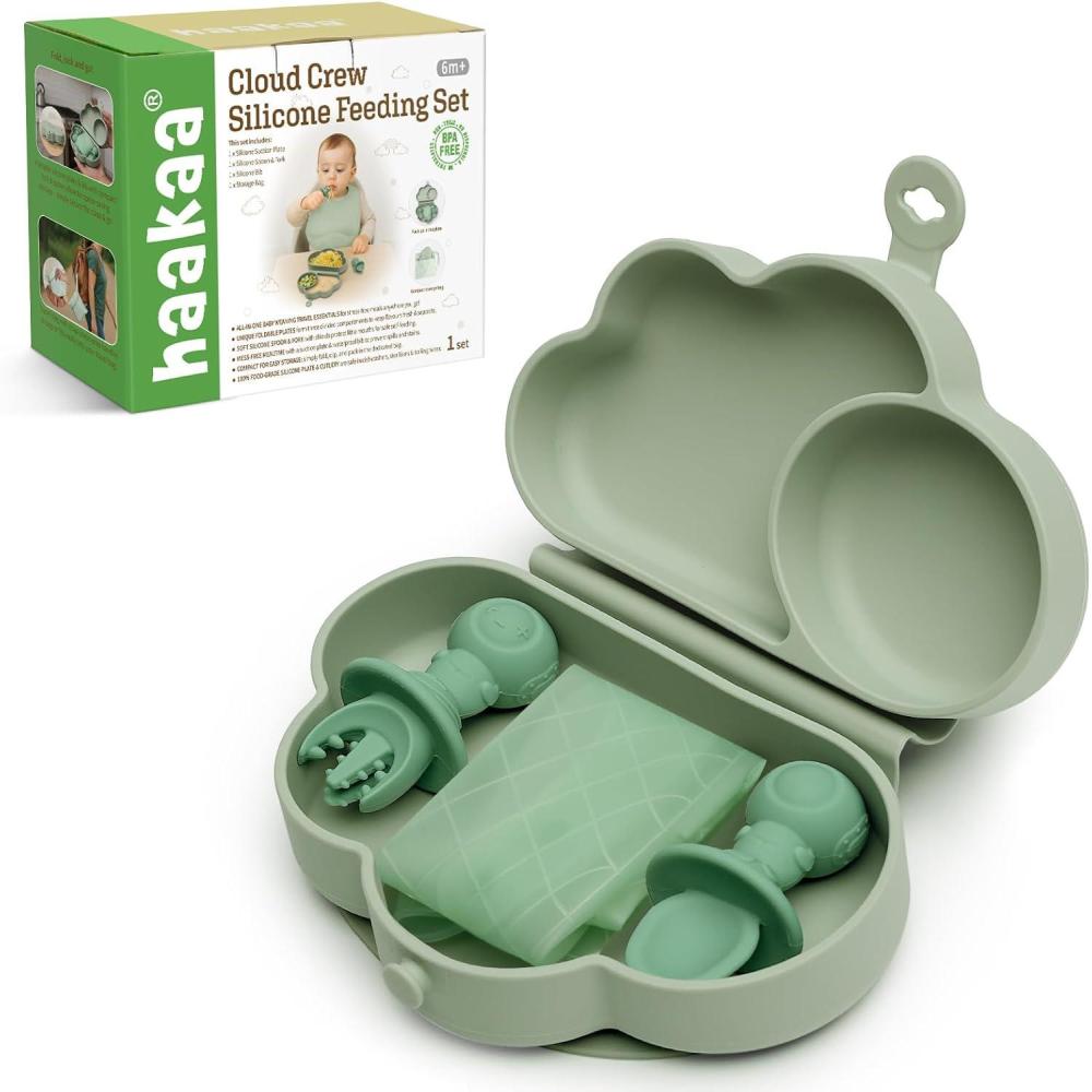 image:imagehaakaa Cloud Crew Silicone Travel Baby Feeding Set with Foldable Suction Baby Plate Silicone Bib Baby Spoon and Fork Waterproof Travel Bag 6M