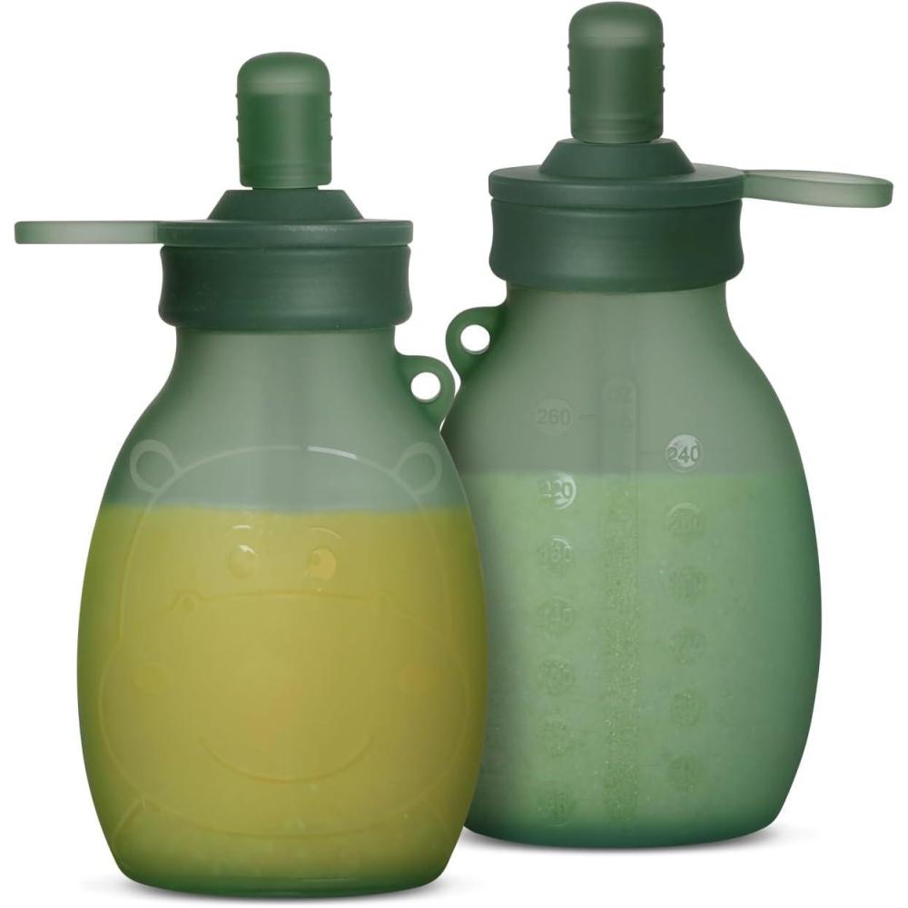 image:imagehaakaa Hippo Wide Opening Silicone Goody Pouch  9oz260ml Reusable Pouches for Toddlers Baby Food Pouches with Wide Opening for Easy Fill amp Clean Perfect for Purees amp Smoothies 2 PackPea Green