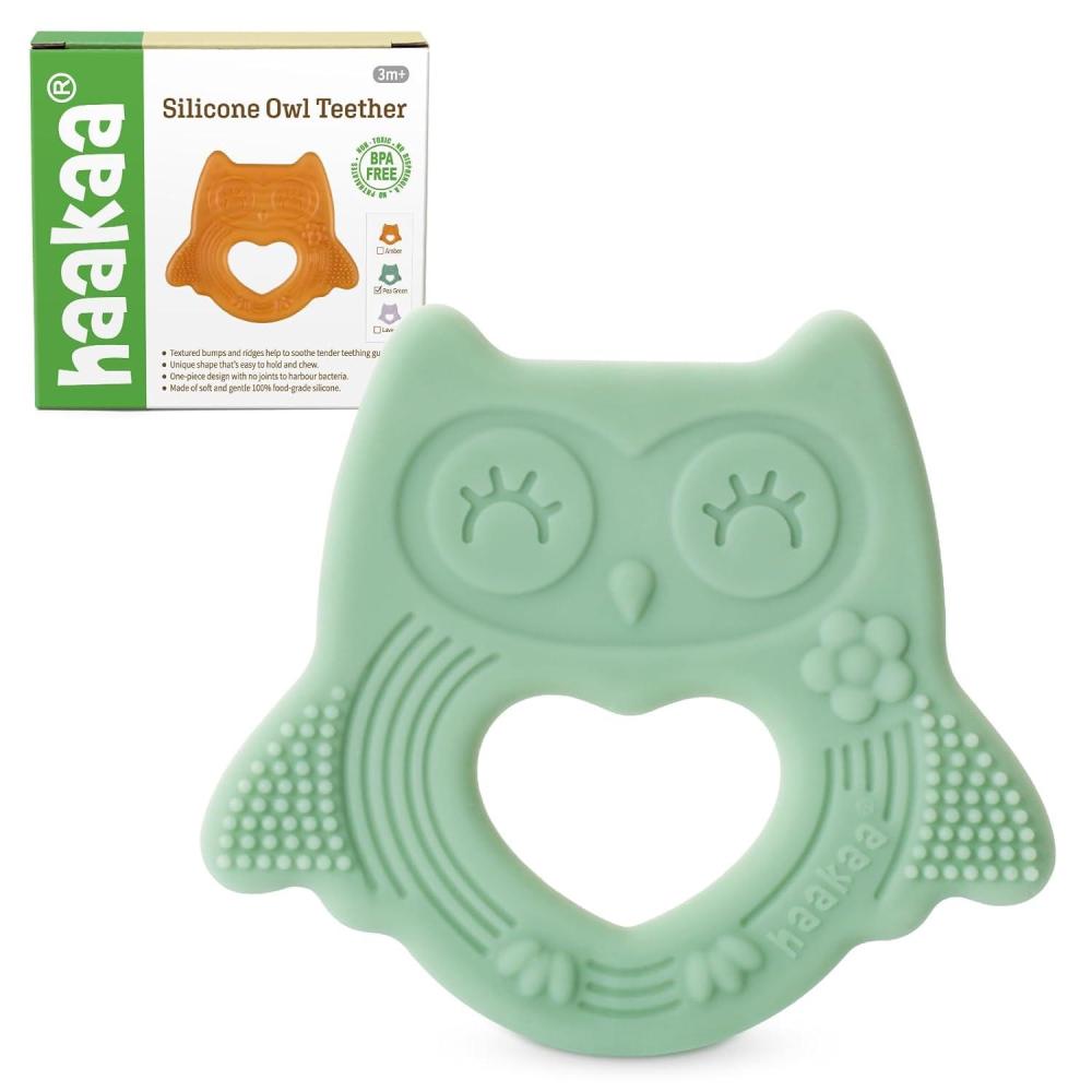 image:imagehaakaa Silicone Owl TeetherFoodGrade Smiling Teething Toy for Infants Soft Chew Toys for Babies BPA Free Toy for 3 MonthsPea Green