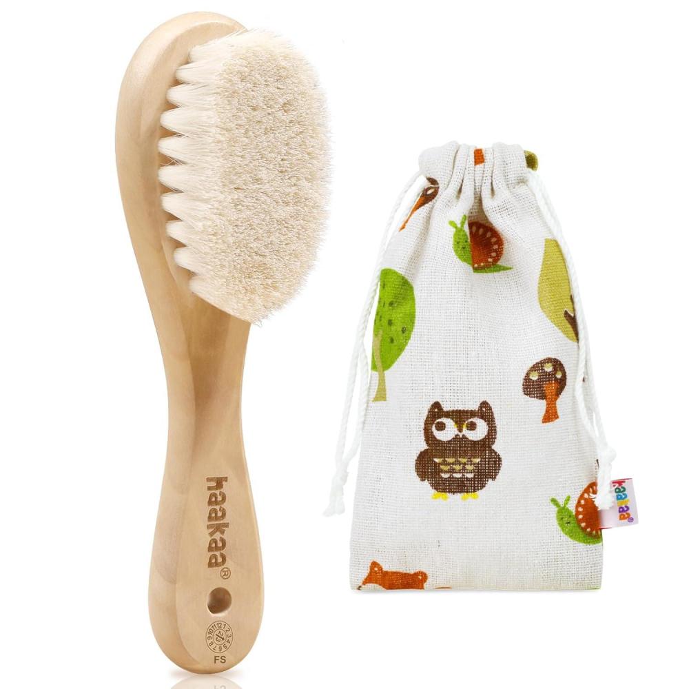 image:imagehaakaa Wooden Baby Hair Brush for Newborns and Toddlers Baby Brush Natural Soft Wool Bristles Hairbrush Ideal for Cradle Cap Perfect Baby Registry Gift with Carry Pouch 1PC