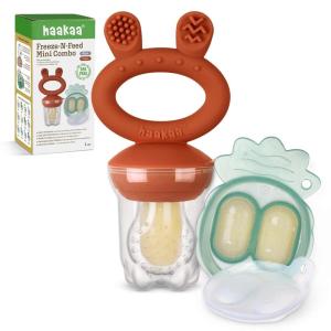 Haakaa Baby Fruit Food Feeder & Mini Freezer Nibble Tray Combo, Breastmilk Popsicle Molds for Baby Cooling Relief, BPA Free Silicone Feeder for Safe Infant Self Feeding, 4 Month+ (Blush)(Copper)