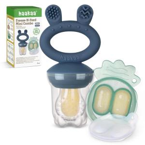 Haakaa Baby Fruit Food Feeder & Mini Freezer Nibble Tray Combo, Breastmilk Popsicle Molds for Baby Cooling Relief, BPA Free Silicone Feeder for Safe Infant Self Feeding, 4 Month+ (Blush)(Steel Blue)