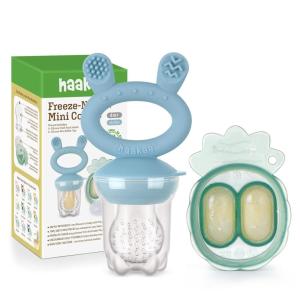 Haakaa Baby Fruit Food Feeder & Mini Freezer Nibble Tray Combo, Breastmilk Popsicle Molds for Baby Cooling Relief, BPA Free Silicone Feeder for Safe Infant Self Feeding, 4 Month+ (Blush)(Sky Blue)