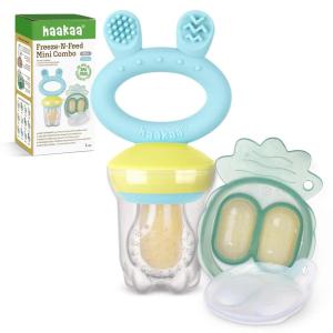 Haakaa Baby Fruit Food Feeder & Mini Freezer Nibble Tray Combo, Breastmilk Popsicle Molds for Baby Cooling Relief, BPA Free Silicone Feeder for Safe Infant Self Feeding, 4 Month+ (Blush)(Blue)