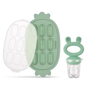 Haakaa Baby Fruit Food Feeder & Silicone Nibble Tray Combo – Breastmilk Popsicle Mold for Baby Cooling Relief, BPA Free Baby Mesh Feeder for Infant Self Feeding(Pea Green)