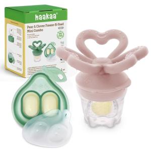 Haakaa Clover Baby Fruit Feeder Teether & Mini Freezer Nibble Tray – BPA-Free Silicone Breastmilk Popsicle Mold for Baby Teething Relief & Self-Feeding, 4M+ (Pea Green)(Blush)