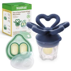 Haakaa Clover Baby Fruit Feeder Teether & Mini Freezer Nibble Tray – BPA-Free Silicone Breastmilk Popsicle Mold for Baby Teething Relief & Self-Feeding, 4M+ (Pea Green)(Steel Blue)