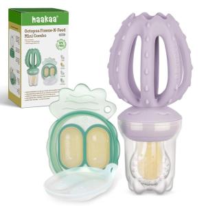 Haakaa Octopus Baby Fruit Food Feeder & Mini Freezer Nibble Tray Combo, Breastmilk Popsicle Molds for Cooling Relief, BPA Free Silicone Feeder for Safe Infant Self Feeding, 4 Month+(Pea Green)(Lavender)
