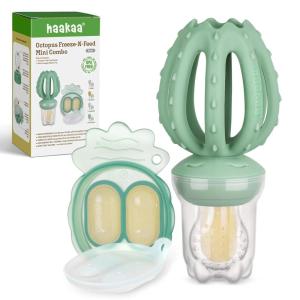Haakaa Octopus Baby Fruit Food Feeder & Mini Freezer Nibble Tray Combo, Breastmilk Popsicle Molds for Cooling Relief, BPA Free Silicone Feeder for Safe Infant Self Feeding, 4 Month+(Pea Green)(Pea Green)