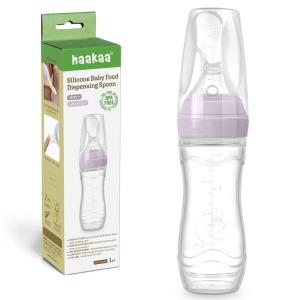 Haakaa Silicone Baby Food Dispensing Spoon Feeder 4oz – Infant Squeeze Cereal Feeder, Baby Fresh Food Feeder, Feed Bottle for Puree, Solid Baby Food, BPA Free, 4m+ Babies – Grey(Lavender)