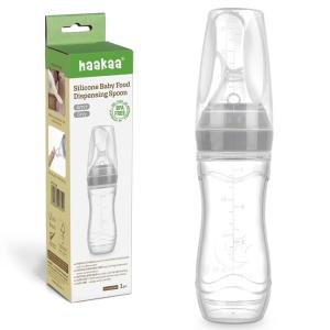 Haakaa Silicone Baby Food Dispensing Spoon Feeder 4oz – Infant Squeeze Cereal Feeder, Baby Fresh Food Feeder, Feed Bottle for Puree, Solid Baby Food, BPA Free, 4m+ Babies – Grey(Grey)