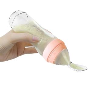 Haakaa Silicone Baby Food Dispensing Spoon Feeder 4oz – Infant Squeeze Cereal Feeder, Baby Fresh Food Feeder, Feed Bottle for Puree, Solid Baby Food, BPA Free, 4m+ Babies – Grey(Peach)