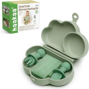 haakaa Cloud Crew Silicone Travel Baby Feeding Set with Foldable Suction Baby Plate, Silicone Bib, Baby Spoon and Fork, Waterproof Travel Bag, 6M+