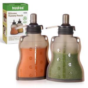 haakaa Reusable Baby Food Pouches Refillable Baby Squeeze Silicone Yummy Pouch, Soft Reusable Squeeze Storage Food Pouch for Kids Toddler,Home Made Food Puree,Smoothie Pouch Bag, 4oz, 4 Pack,6m+(Grey)