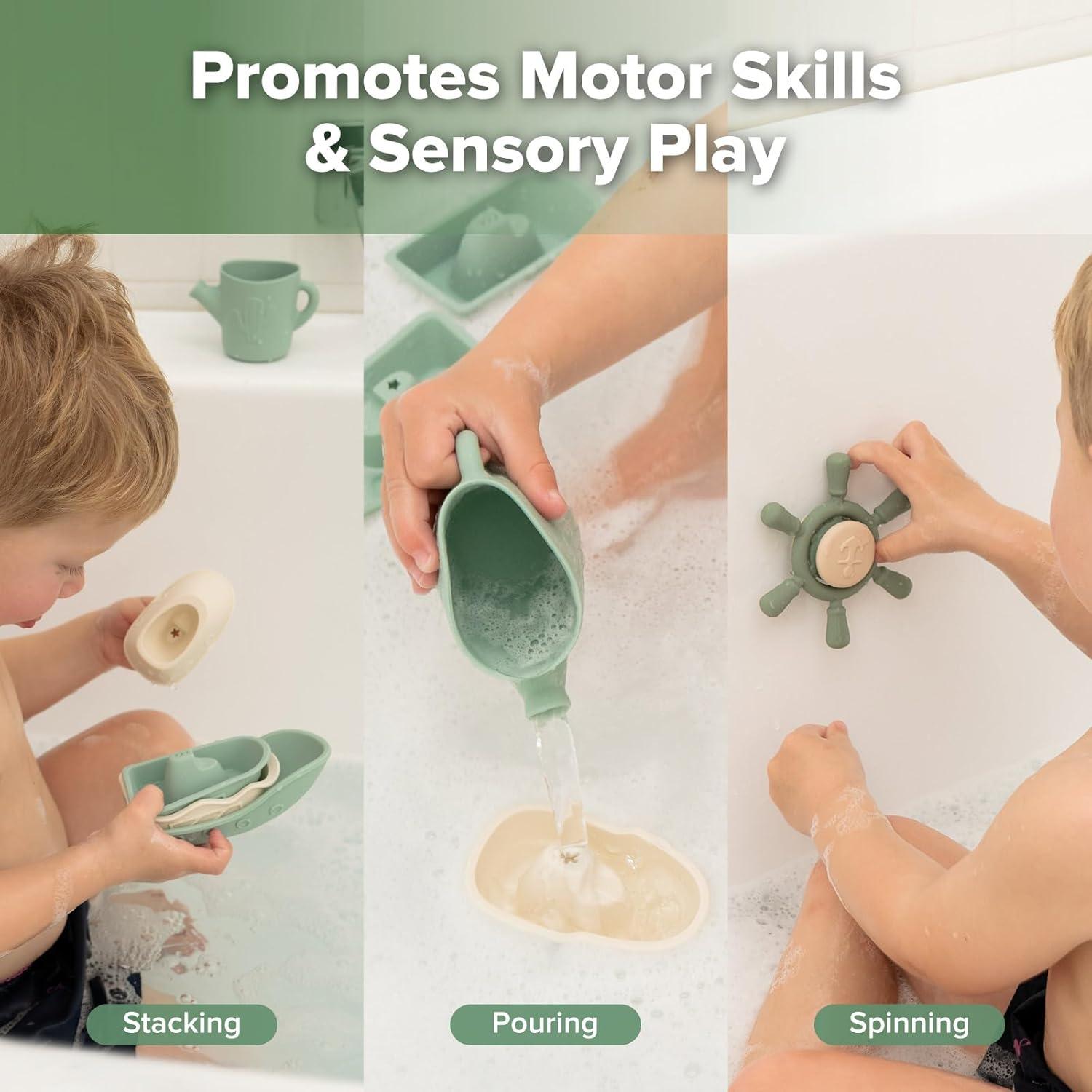 image:imageHaakaa Nautical Silicone Baby Bath Toys Set Food Grade Silicone Bathtub Toys for Toddlers MoldFree Stacking Boats amp Spinner Toy amp Pouring Cup BPA Free Floating Tub Toys for Baby 6M