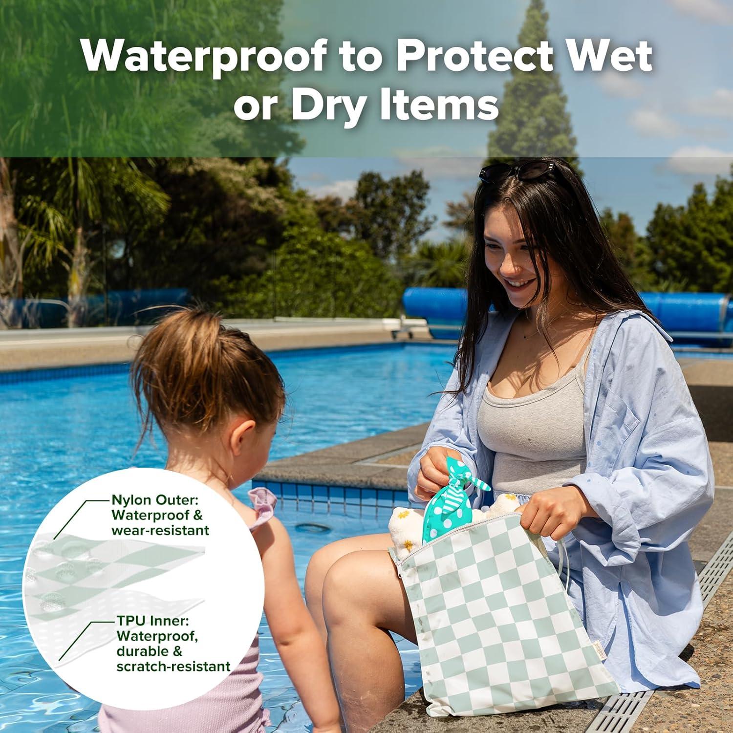image:imagehaakaa Waterproof Wet Bags for Baby Wet Dry Bags for Cloth Diaper Swimsuit amp Travel 2pcs GrassCheckered Days