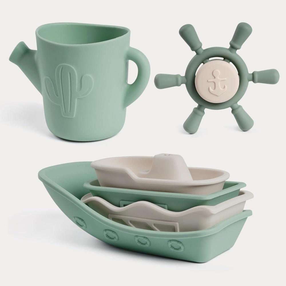 image:imageHaakaa Nautical Silicone Baby Bath Toys Set Food Grade Silicone Bathtub Toys for Toddlers MoldFree Stacking Boats amp Spinner Toy amp Pouring Cup BPA Free Floating Tub Toys for Baby 6M