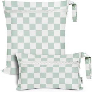 haakaa Waterproof Wet Bags for Baby Wet Dry Bags for Cloth Diaper, Swimsuit & Travel, 2pcs, Grass(Checkered Days)