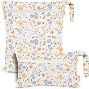 haakaa Waterproof Wet Bags for Baby Wet Dry Bags for Cloth Diaper, Swimsuit & Travel, 2pcs, Grass(Garden Flow)