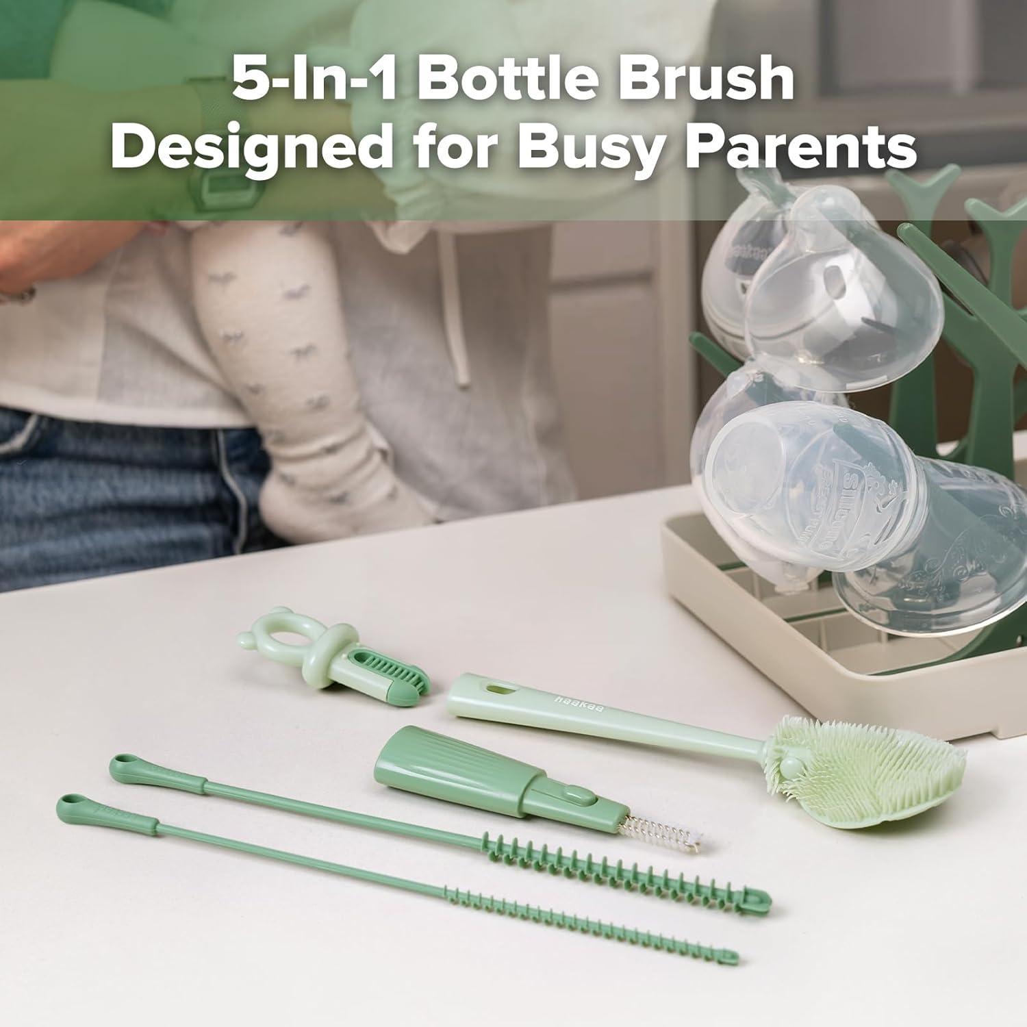 image:imageHaakaa 5in1 Cleaning Brush Set Baby Bottle Brush amp Bottle Brush Cleaner MultiPurpose 360 Comprehensive Cleaning for Breast Pumps Breast Milk Collector Baby Bottles Nipples Straw Portable