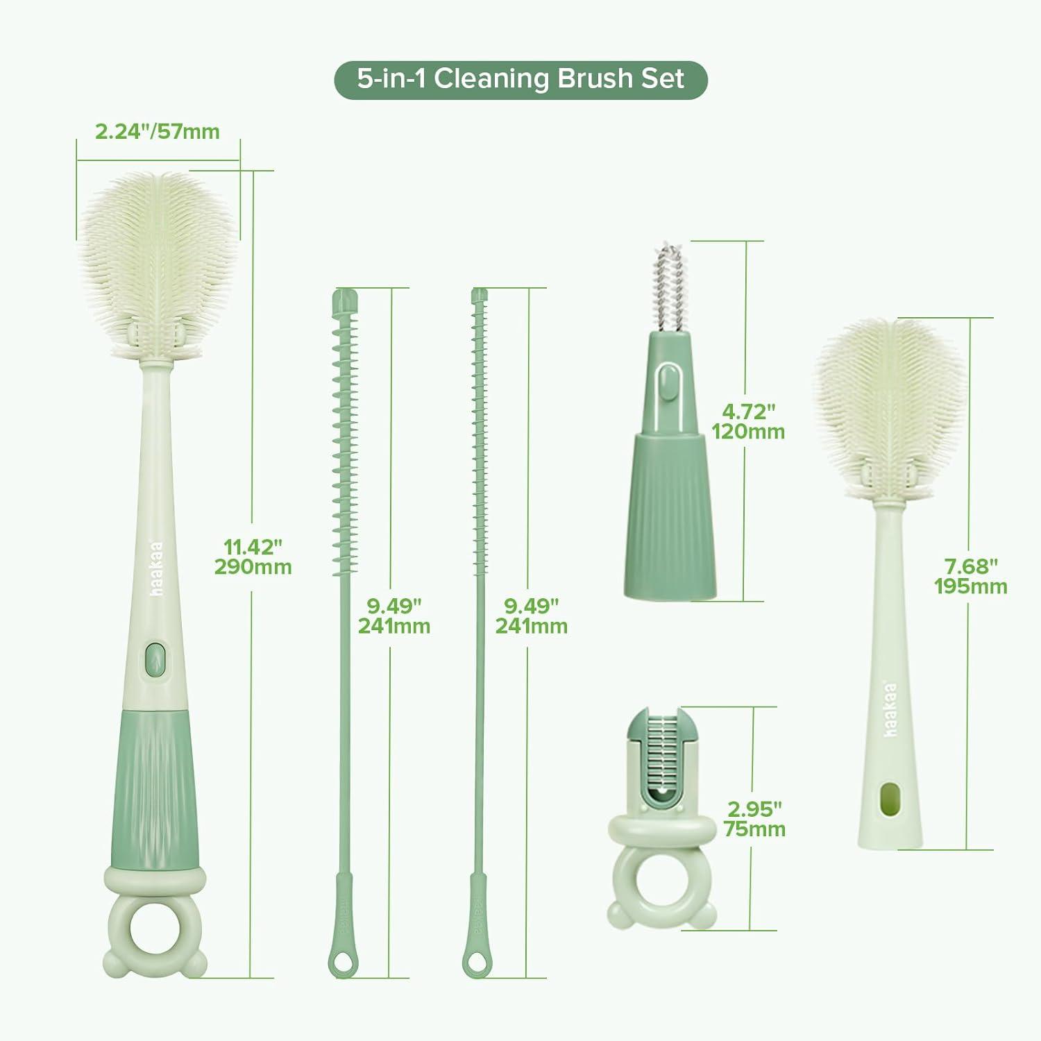 image:imageHaakaa 5in1 Cleaning Brush Set Baby Bottle Brush amp Bottle Brush Cleaner MultiPurpose 360 Comprehensive Cleaning for Breast Pumps Breast Milk Collector Baby Bottles Nipples Straw Portable