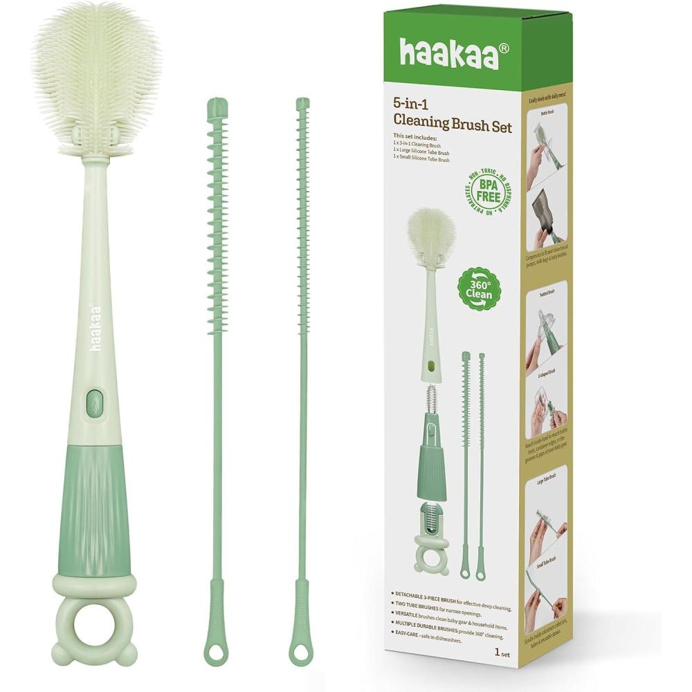 image:imageHaakaa 5in1 Cleaning Brush Set Baby Bottle Brush amp Bottle Brush Cleaner MultiPurpose 360 Comprehensive Cleaning for Breast Pumps Breast Milk Collector Baby Bottles Nipples Straw Portable