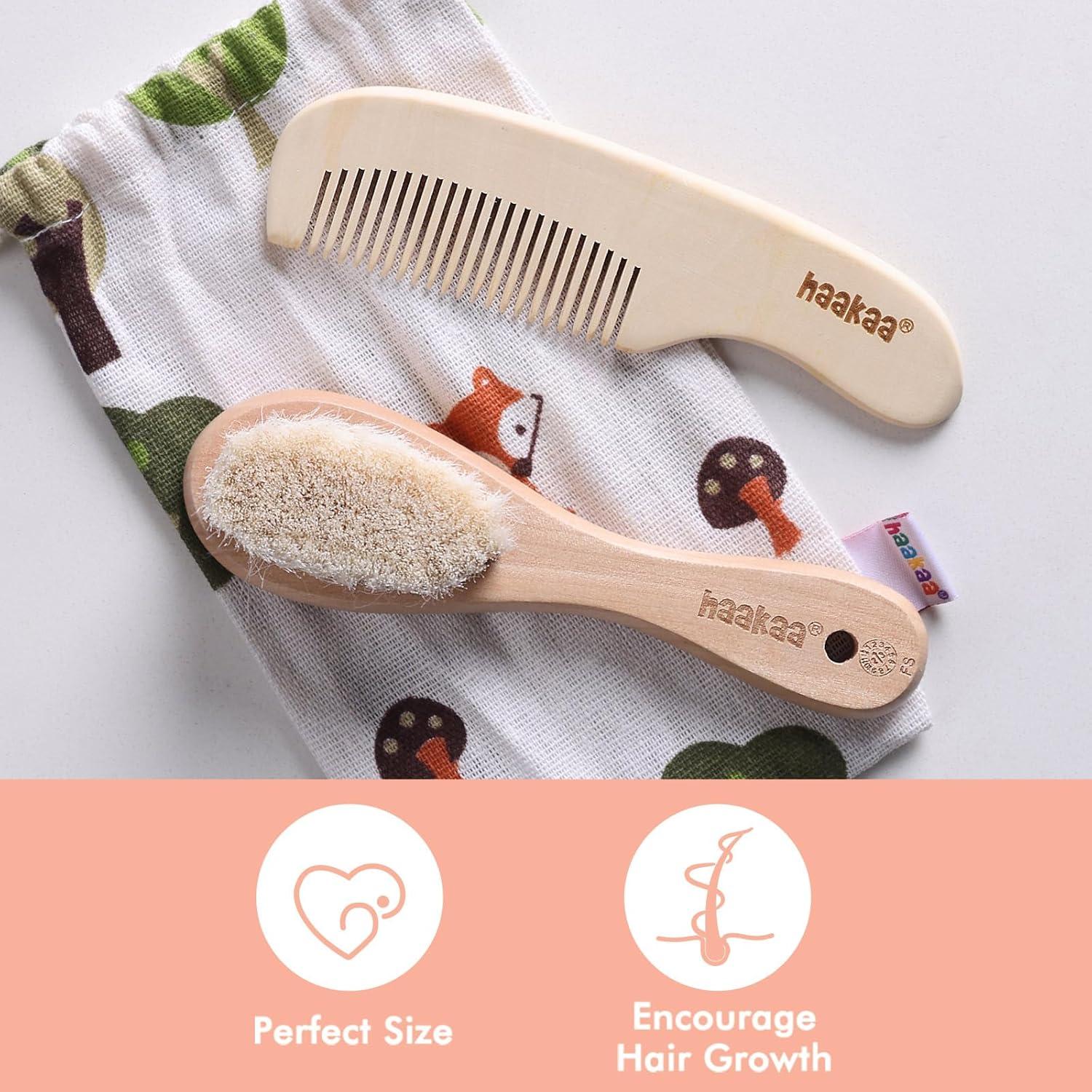 image:imagehaakaa Baby Hair Brush and Comb Set for Newborns amp Toddlers Natural Soft Wool Bristles and Wooden Handle Gently Grooms Babys Hair Ideal for Cradle Cap Perfect Baby Gift 2pk