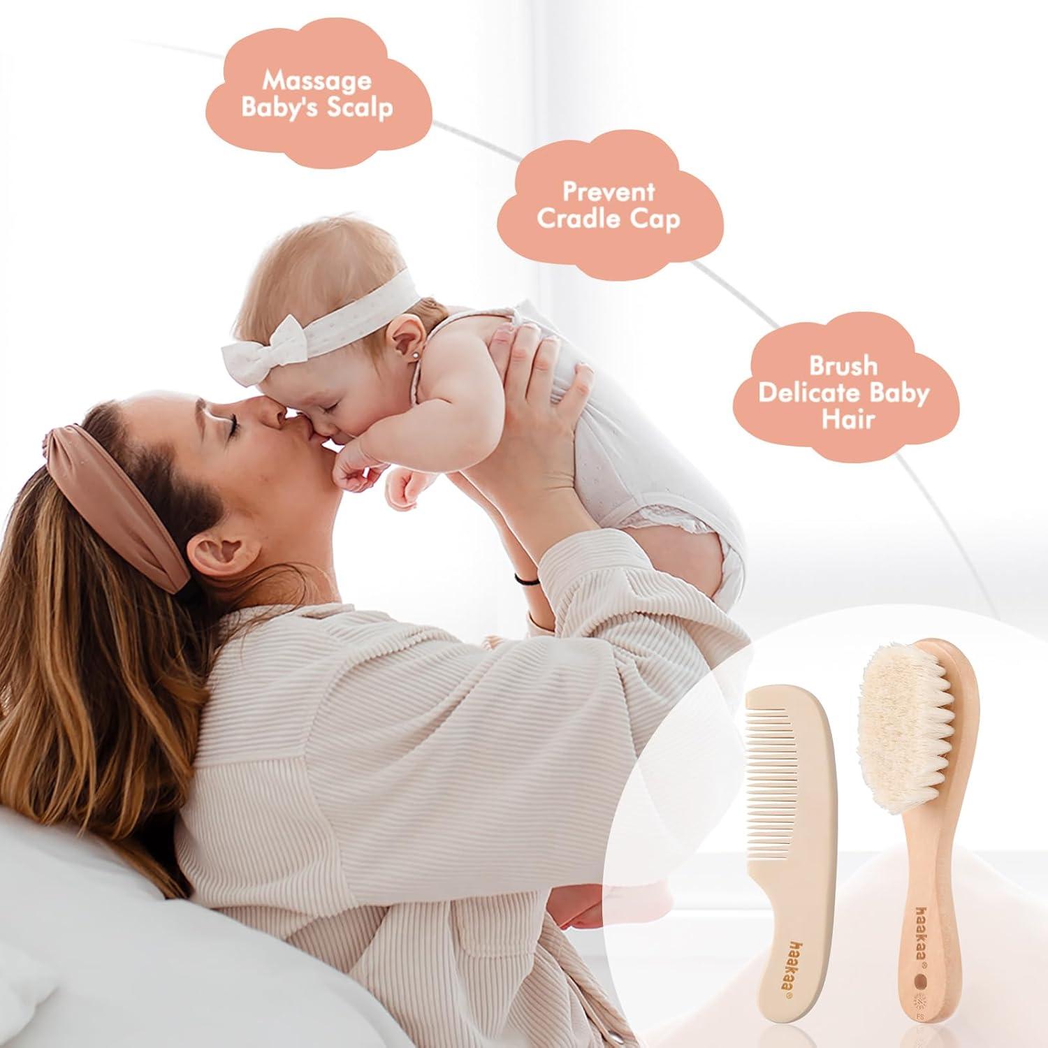 image:imagehaakaa Baby Hair Brush and Comb Set for Newborns amp Toddlers Natural Soft Wool Bristles and Wooden Handle Gently Grooms Babys Hair Ideal for Cradle Cap Perfect Baby Gift 2pk
