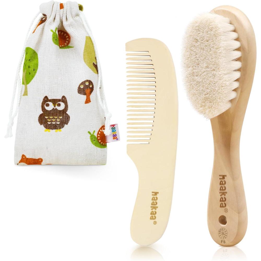 image:imagehaakaa Baby Hair Brush and Comb Set for Newborns amp Toddlers Natural Soft Wool Bristles and Wooden Handle Gently Grooms Babys Hair Ideal for Cradle Cap Perfect Baby Gift 2pk