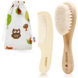 haakaa Baby Hair Brush and Comb Set for Newborns & Toddlers – Natural Soft Wool Bristles and Wooden Handle, Gently Grooms Baby’s Hair, Ideal for Cradle Cap, Perfect Baby Gift, 2pk
