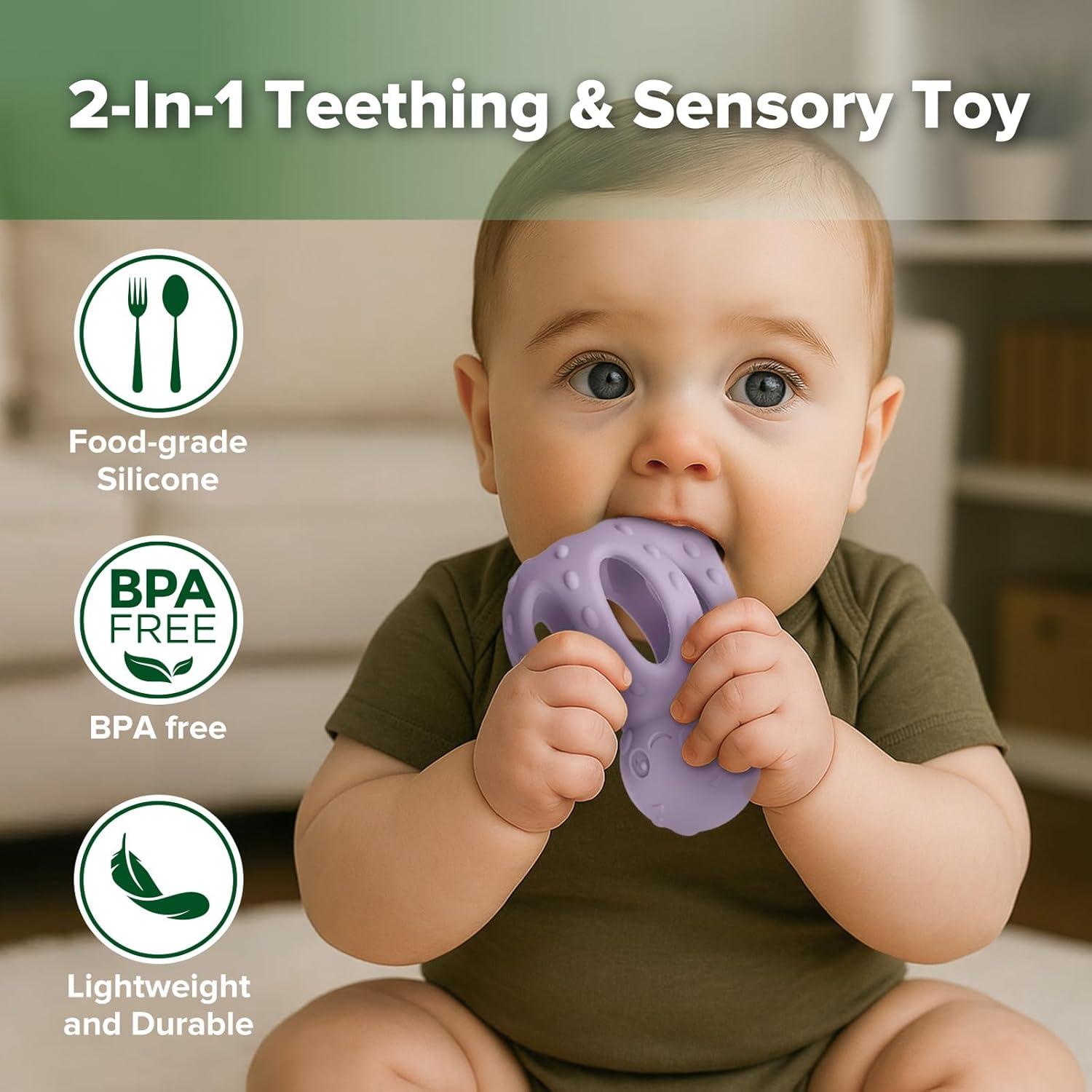 image:imagehaakaa 2in1 Baby Teething ToyOctopus Teether with Gentle RattleSoft Textured Teether for Sore GumsEasy to Grasp Sensory Toy for Babies 3MPea GreenLavender