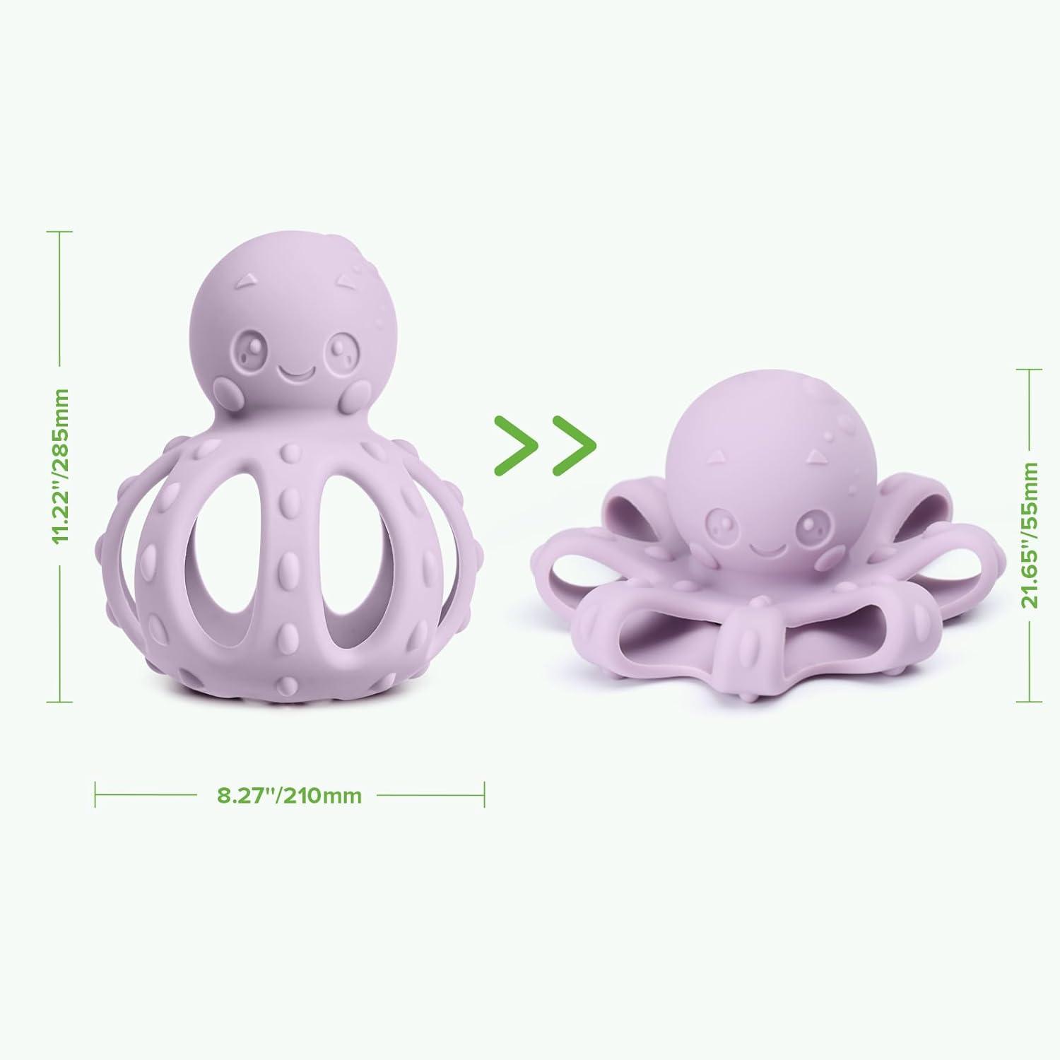 image:imagehaakaa 2in1 Baby Teething ToyOctopus Teether with Gentle RattleSoft Textured Teether for Sore GumsEasy to Grasp Sensory Toy for Babies 3MPea GreenLavender