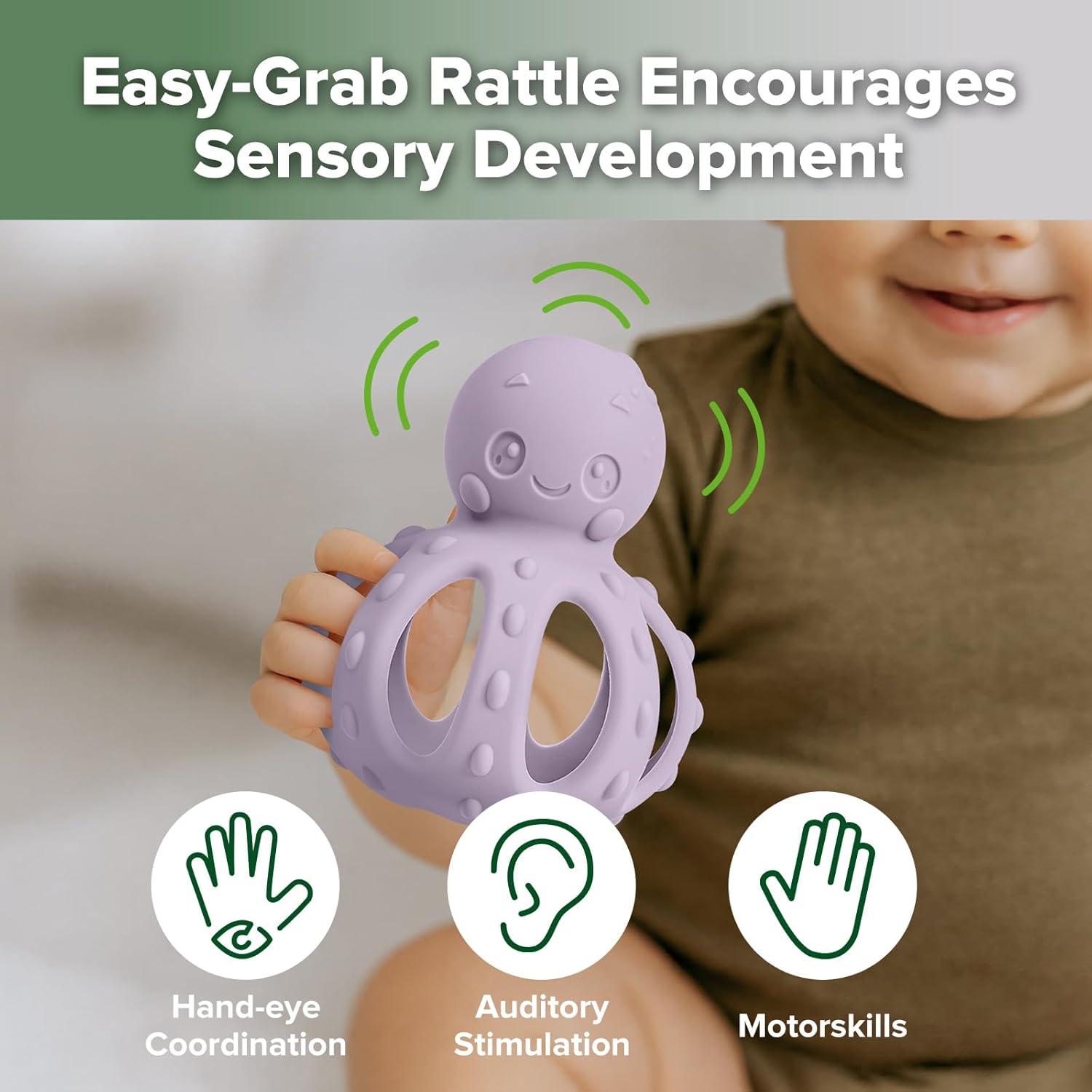 image:imagehaakaa 2in1 Baby Teething ToyOctopus Teether with Gentle RattleSoft Textured Teether for Sore GumsEasy to Grasp Sensory Toy for Babies 3MPea GreenLavender