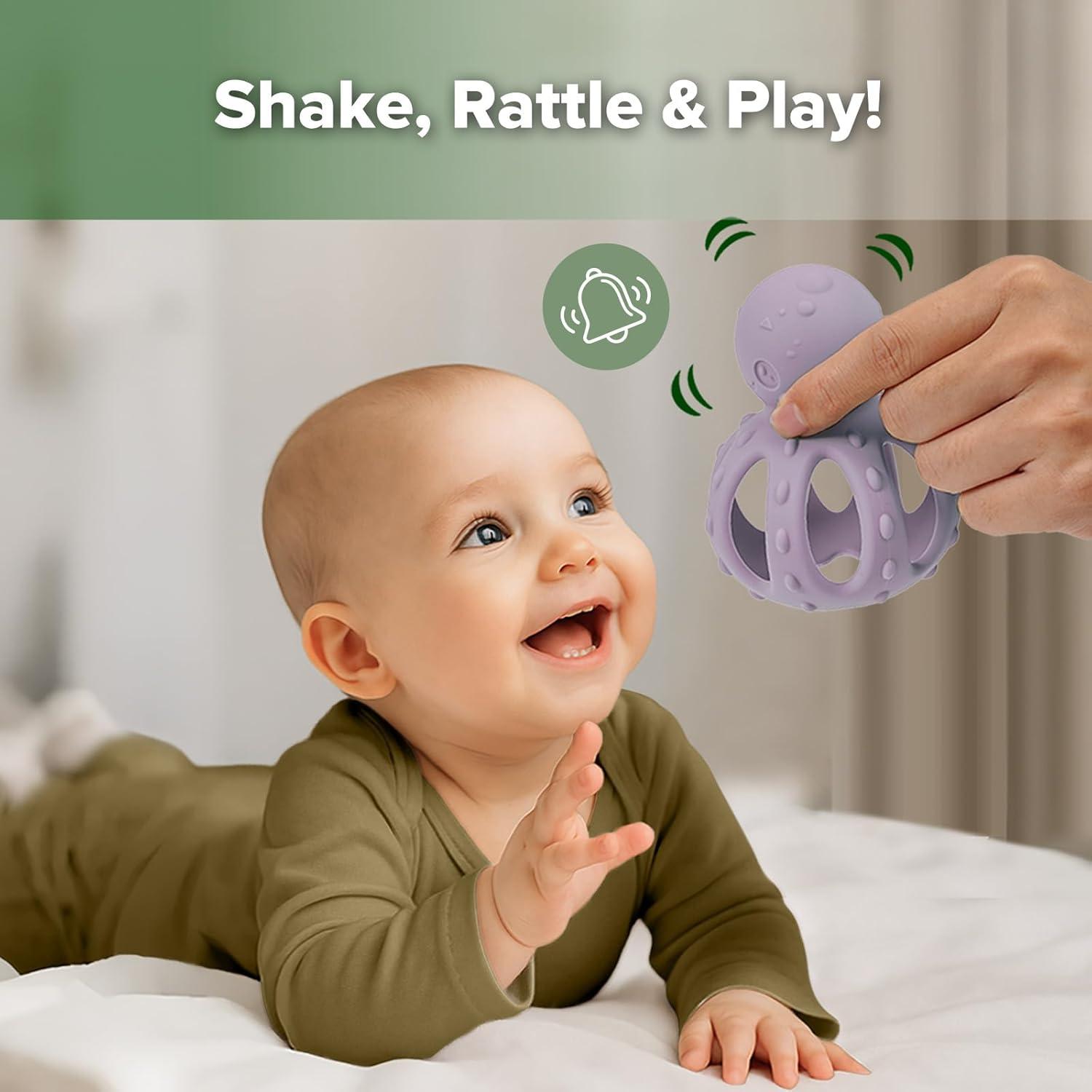 image:imagehaakaa 2in1 Baby Teething ToyOctopus Teether with Gentle RattleSoft Textured Teether for Sore GumsEasy to Grasp Sensory Toy for Babies 3MPea GreenLavender