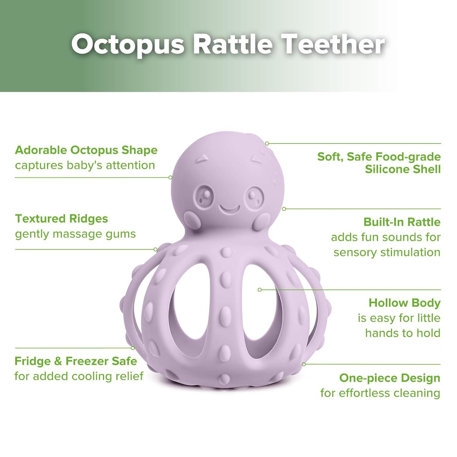 image:imagehaakaa 2in1 Baby Teething ToyOctopus Teether with Gentle RattleSoft Textured Teether for Sore GumsEasy to Grasp Sensory Toy for Babies 3MPea GreenLavender