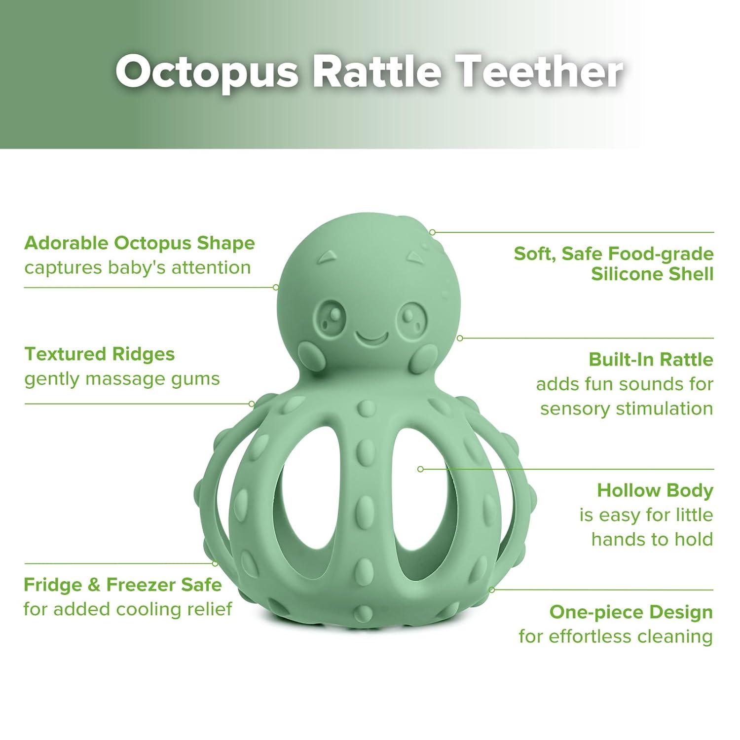 image:imagehaakaa 2in1 Baby Teething ToyOctopus Teether with Gentle RattleSoft Textured Teether for Sore GumsEasy to Grasp Sensory Toy for Babies 3MPea GreenPea Green